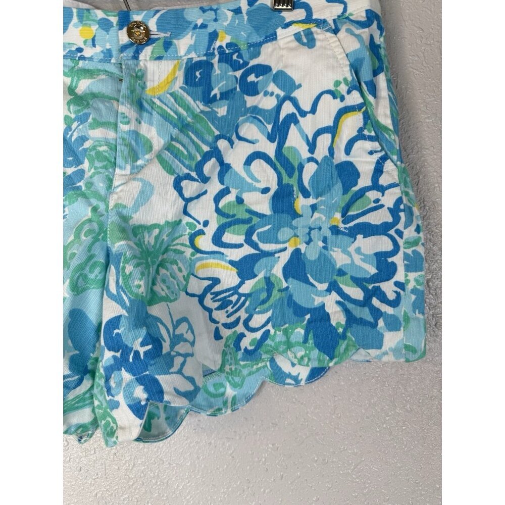 Lilly Pulitzer Buttercup Scalloped Hem Shorts Sz 10 Blue Green Coastal Vacation - Picture 2 of 13
